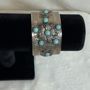 Mexican style, nickel and zinc cuff bracelets with turquoise beads, and etching